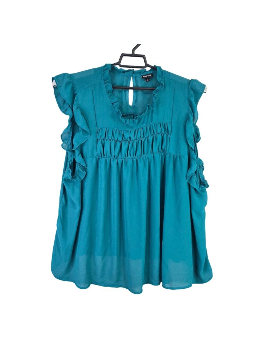 Womens Torrid Teal Ruffle Sleeve Smocked Top Polyester Lightweight Blouse Size 4
